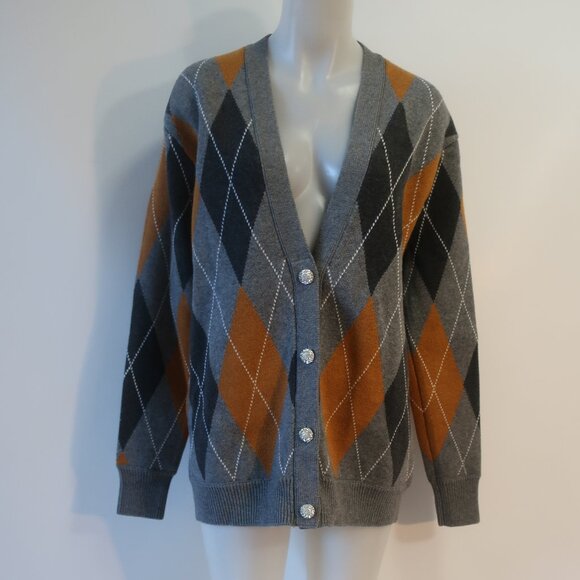 Ronny Kobo Abarne Gray Brown Merino Wool Cotton Argyle Button Cardigan Sweater S - Picture 3 of 15